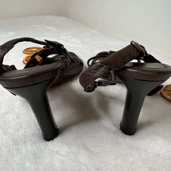 Celine Paris Shoes Sandals Heels Brown Leather T Strap 36.5 Gold Harness Detail - Picture 7 of 8